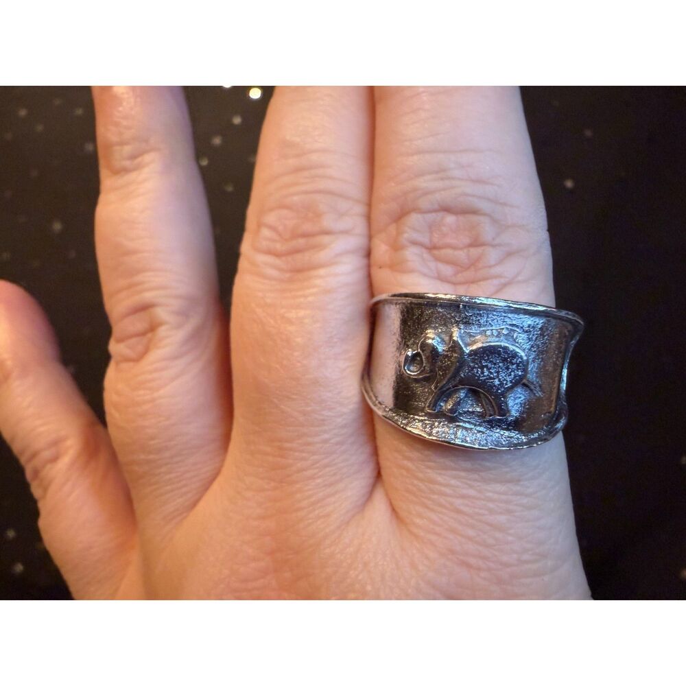 Elephant Ring Size 10 Silver Tone Wide Band, Boho Animal Statement Ring
